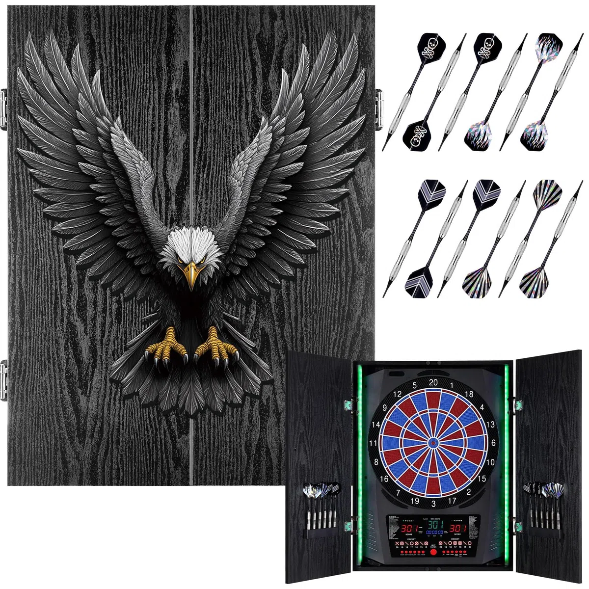 Elektronische Dartscheibe mit Rustikalen Holz-Schrank [12 Bronze Soft-Tip Pfeile], 8-Farben LED für 8 Spieler, Dart Scheibe Profi für Zuhause & Bar [Eagle]