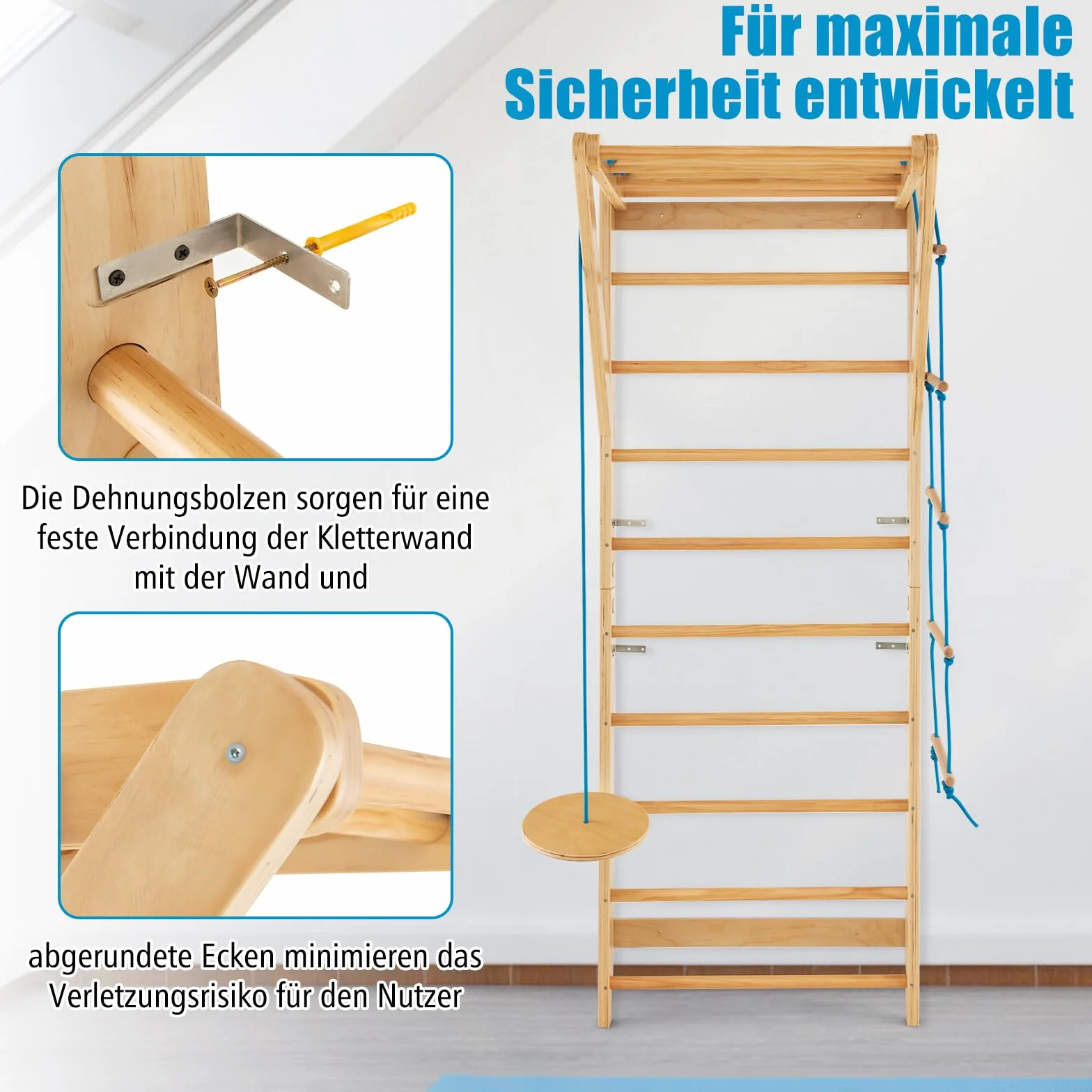 GOPLUS Sprossenwand, Klettergerüst, Wandmontierte Indoor-Kletterwand mit Strickleiter & rundes Trapez, Multifunktionale Fitnessgeräte, bis 100kg belastbar, Turnwand für zu Hause, Erwachsene & Kinder