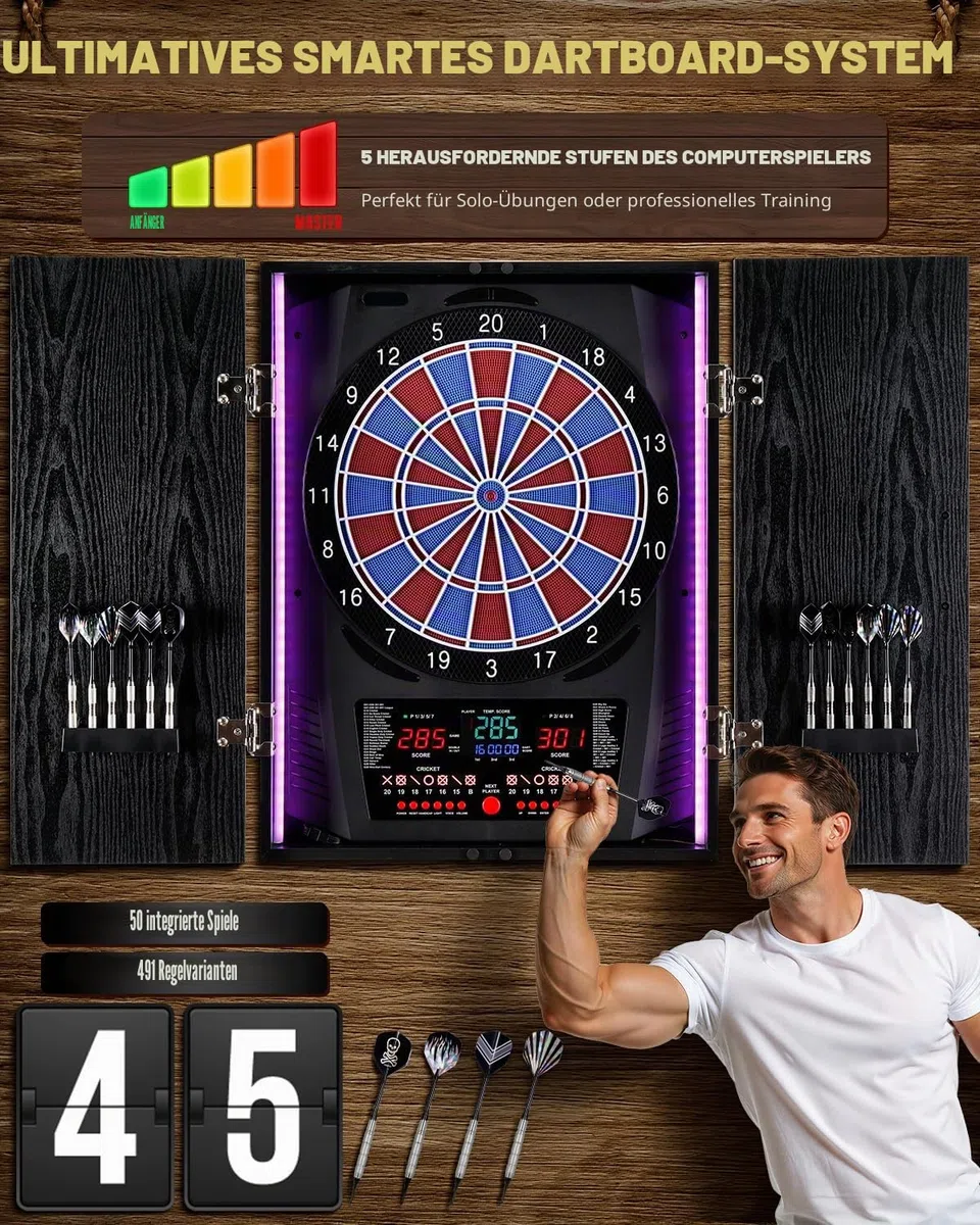 Elektronische Dartscheibe mit Rustikalen Holz-Schrank [12 Bronze Soft-Tip Pfeile], 8-Farben LED für 8 Spieler, Dart Scheibe Profi für Zuhause & Bar [Eagle]