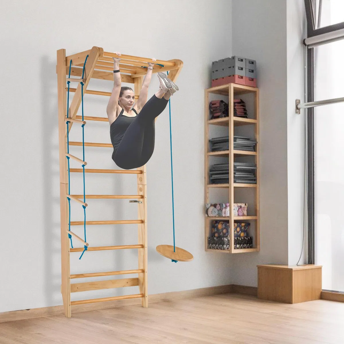 GOPLUS Sprossenwand, Klettergerüst, Wandmontierte Indoor-Kletterwand mit Strickleiter & rundes Trapez, Multifunktionale Fitnessgeräte, bis 100kg belastbar, Turnwand für zu Hause, Erwachsene & Kinder