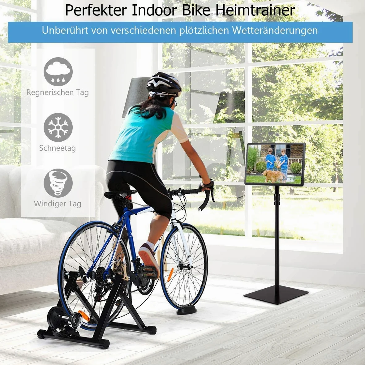 Rollentrainer für Fahrräder, Fahrradtrainer, Heimtrainer klappbar, bis 150 kg belastbar, aus Stahl, inkl. (Gelb) (Blau)