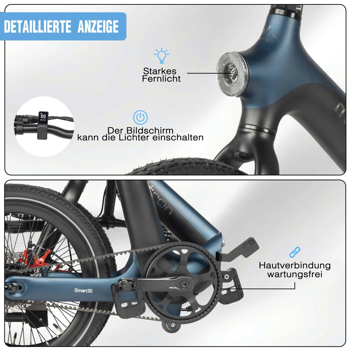 Smart30 E-Bike 20 Zoll City Pendler Elektrofahrrad mit Alu-Druckguss Rahmen Drehmomentsensor, Single Speed, Sattelstützen-Akku 36V 9.6Ah, Minimalistisches Pedelec Damen Herren (Blau)
