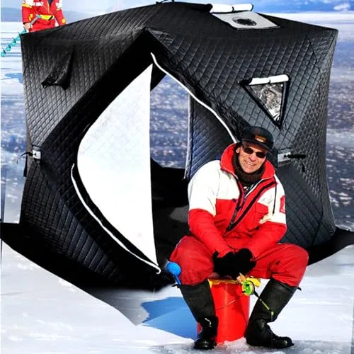Eisfischen-Unterschlupf Pop-Up-Zelt für 3-4 Personen, isoliertes tragbares Eisangeln Shanty mit 3-lagigem Stoff, Tragetasche und Reißverschluss-Tür