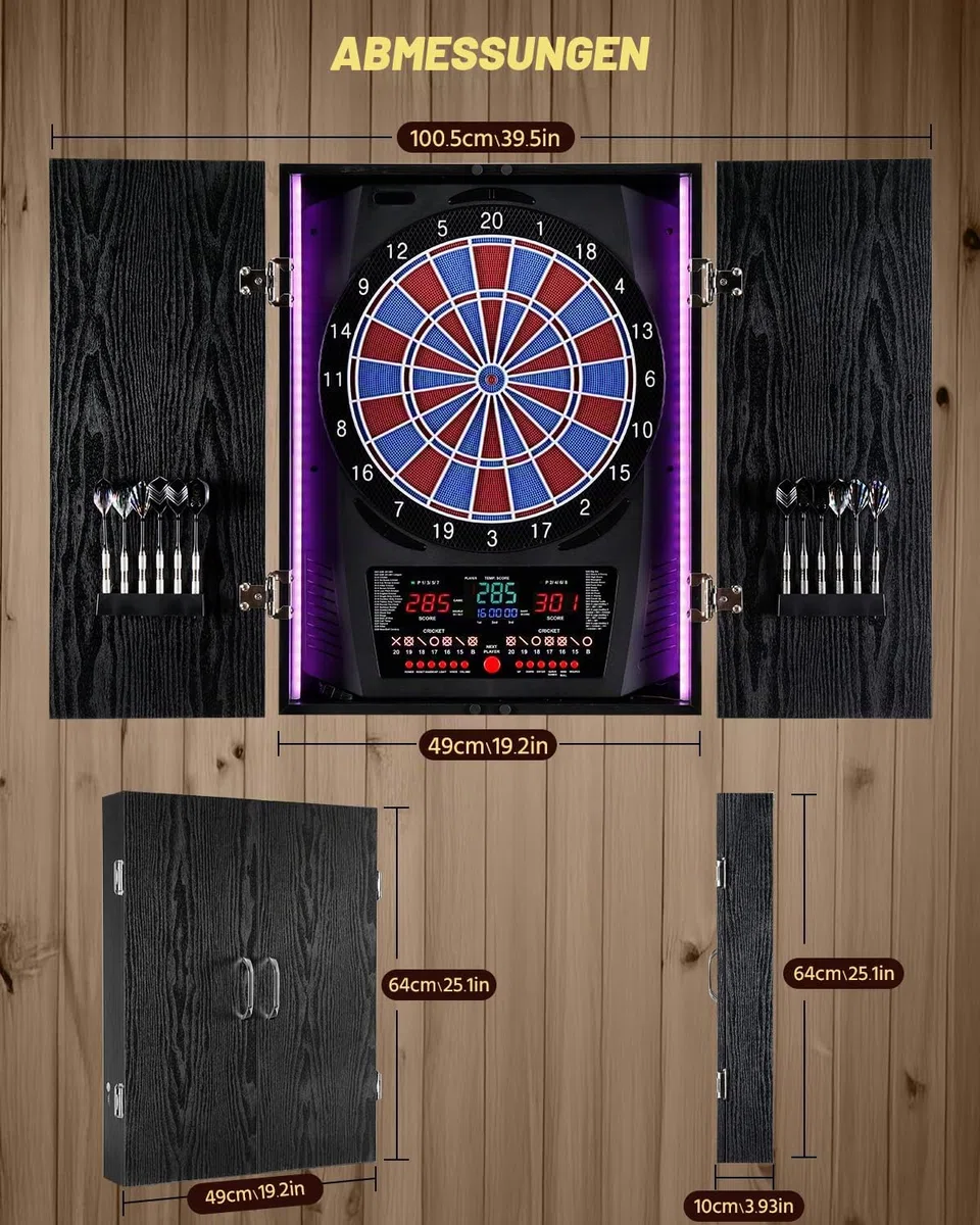 Elektronische Dartscheibe mit Rustikalen Holz-Schrank [12 Bronze Soft-Tip Pfeile], 8-Farben LED für 8 Spieler, Dart Scheibe Profi für Zuhause & Bar [Eagle]