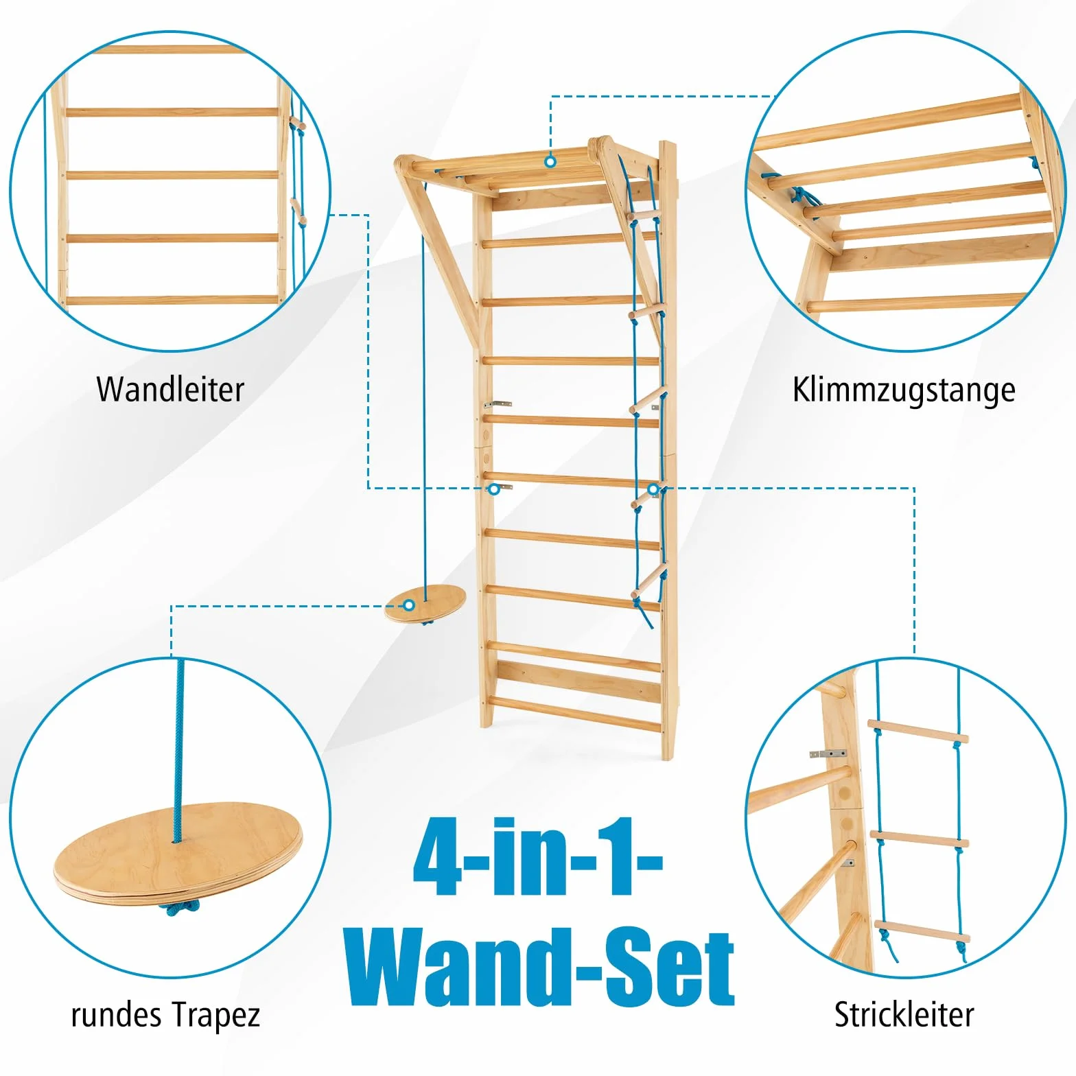 GOPLUS Sprossenwand, Klettergerüst, Wandmontierte Indoor-Kletterwand mit Strickleiter & rundes Trapez, Multifunktionale Fitnessgeräte, bis 100kg belastbar, Turnwand für zu Hause, Erwachsene & Kinder