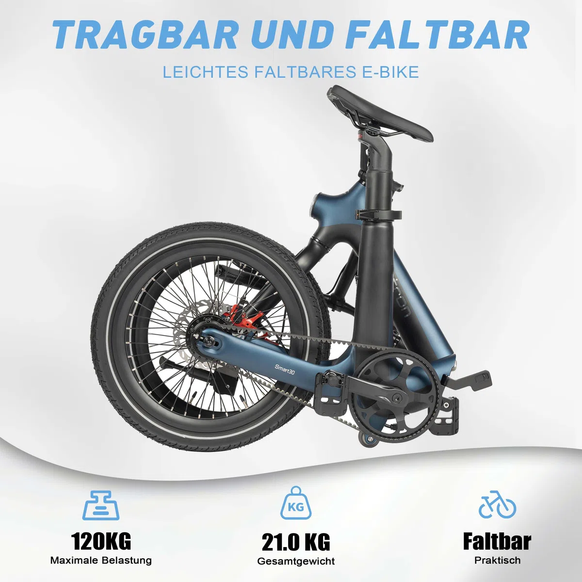 Smart30 E-Bike 20 Zoll City Pendler Elektrofahrrad mit Alu-Druckguss Rahmen Drehmomentsensor, Single Speed, Sattelstützen-Akku 36V 9.6Ah, Minimalistisches Pedelec Damen Herren (Blau)