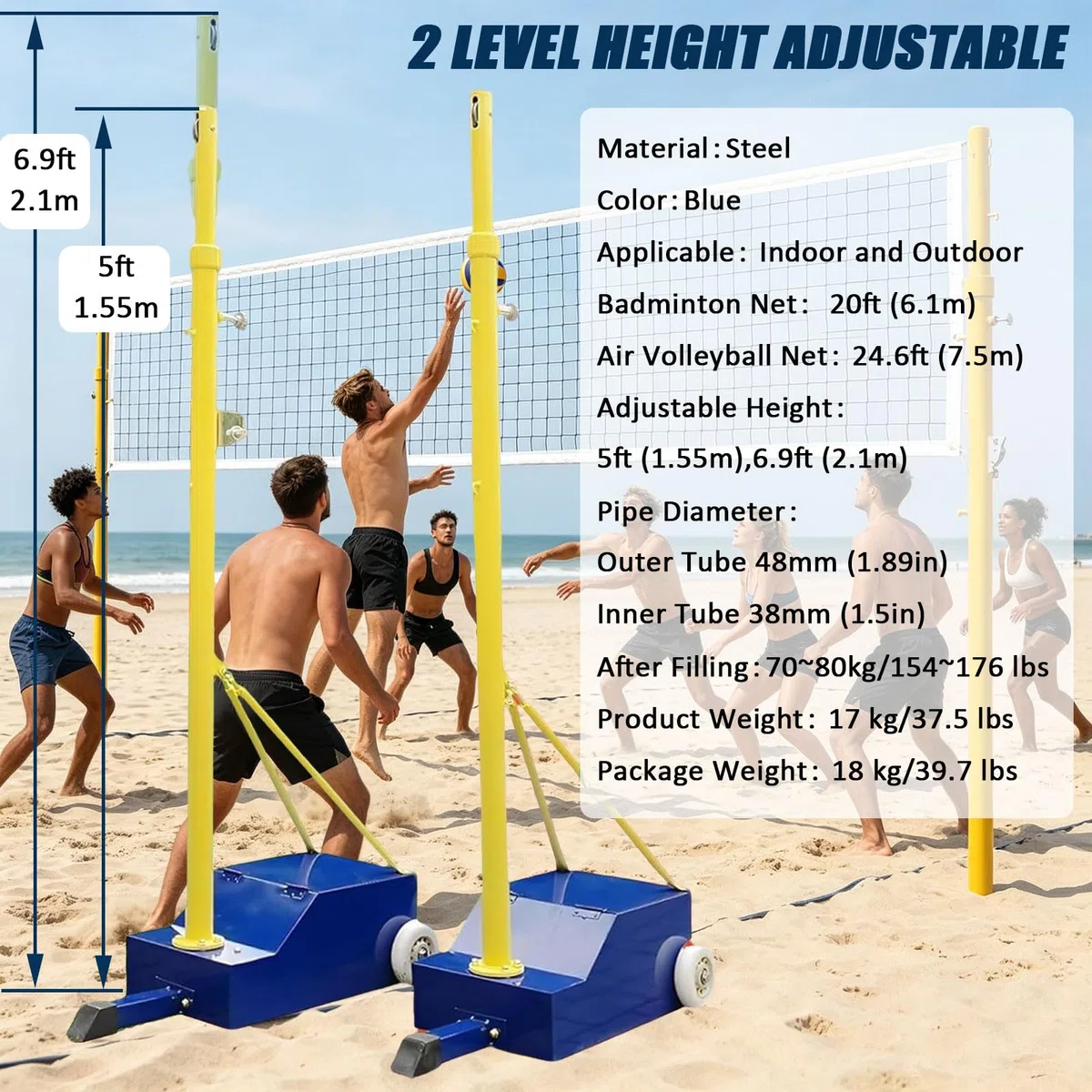 Verstellbare Volleyballstöcke mit Netz, strapazierfähig, für drinnen und draußen, Badminton-Netz-Rahmenstangen, 4 Höhen (1,5–2,1 m) für Spaß im Hinterhof, Volleyballnetz für den Innen- und