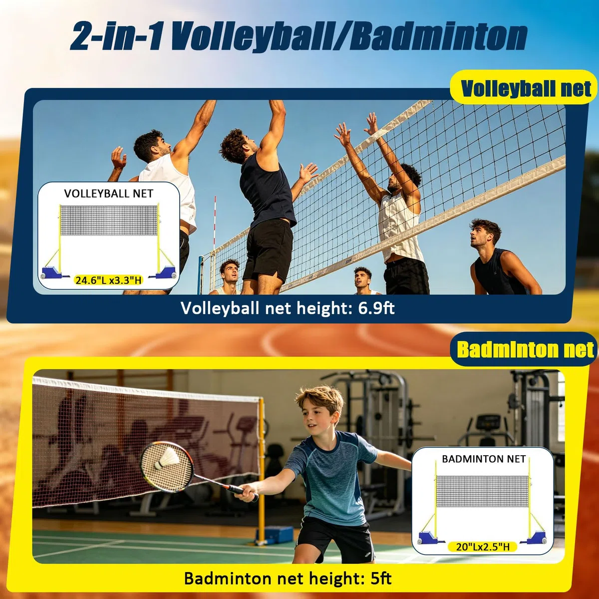 Verstellbare Volleyballstöcke mit Netz, strapazierfähig, für drinnen und draußen, Badminton-Netz-Rahmenstangen, 4 Höhen (1,5–2,1 m) für Spaß im Hinterhof, Volleyballnetz für den Innen- und
