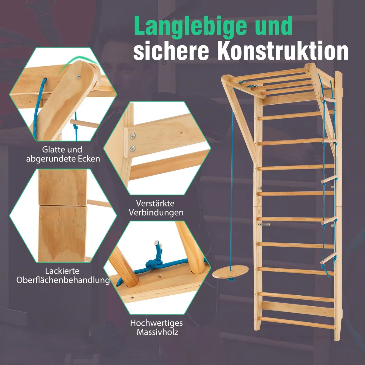 GOPLUS Sprossenwand, Klettergerüst, Wandmontierte Indoor-Kletterwand mit Strickleiter & rundes Trapez, Multifunktionale Fitnessgeräte, bis 100kg belastbar, Turnwand für zu Hause, Erwachsene & Kinder