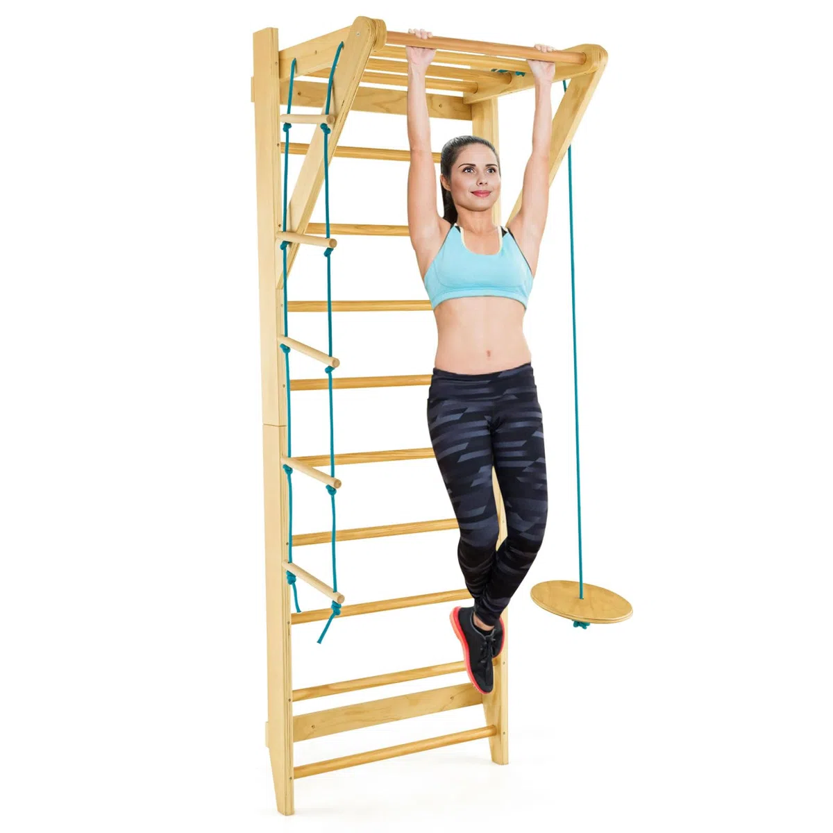 GOPLUS Sprossenwand, Klettergerüst, Wandmontierte Indoor-Kletterwand mit Strickleiter & rundes Trapez, Multifunktionale Fitnessgeräte, bis 100kg belastbar, Turnwand für zu Hause, Erwachsene & Kinder