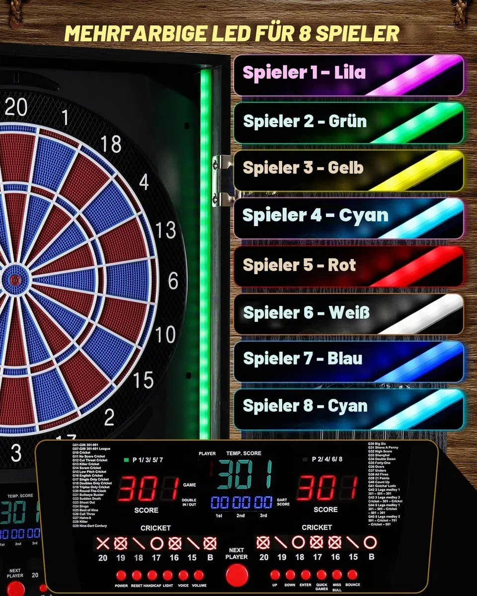 Elektronische Dartscheibe mit Rustikalen Holz-Schrank [12 Bronze Soft-Tip Pfeile], 8-Farben LED für 8 Spieler, Dart Scheibe Profi für Zuhause & Bar [Eagle]