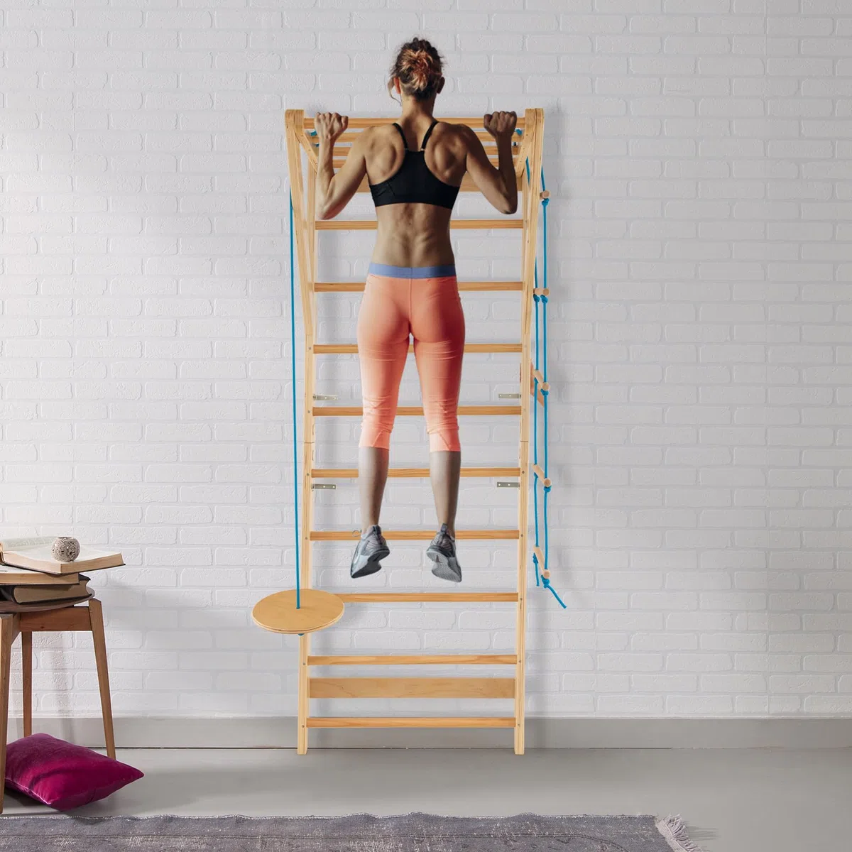 GOPLUS Sprossenwand, Klettergerüst, Wandmontierte Indoor-Kletterwand mit Strickleiter & rundes Trapez, Multifunktionale Fitnessgeräte, bis 100kg belastbar, Turnwand für zu Hause, Erwachsene & Kinder
